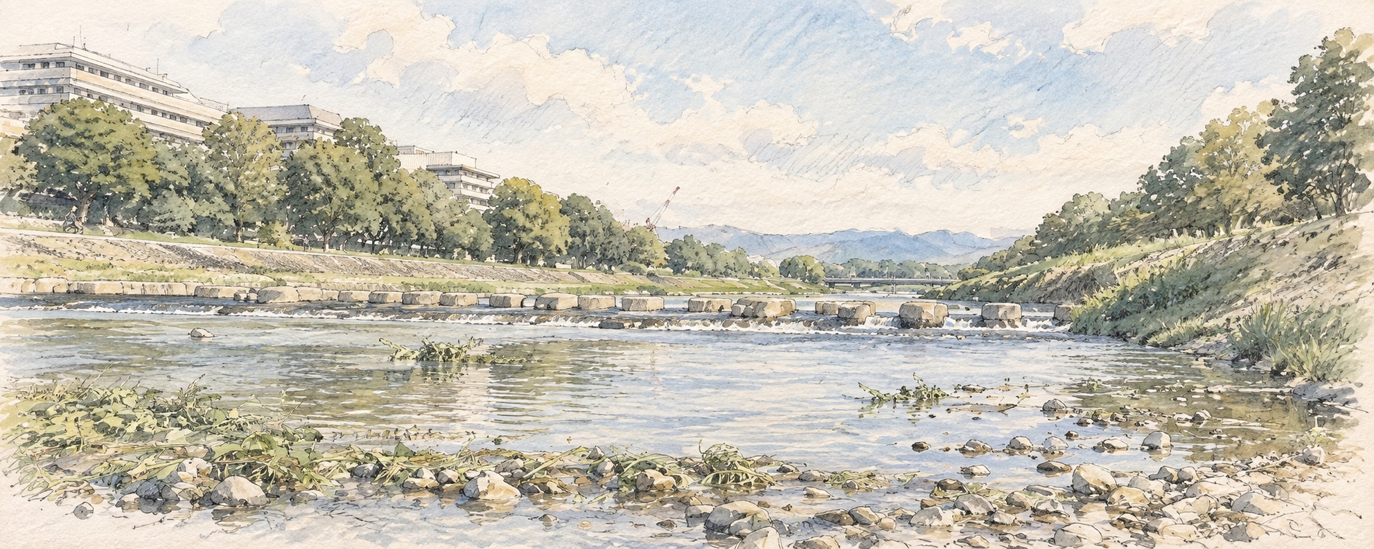 Tranquil watercolor and pencil illustration of the Kamogawa river, stepping stones, riverbanks, and distant mountains in Kyoto.